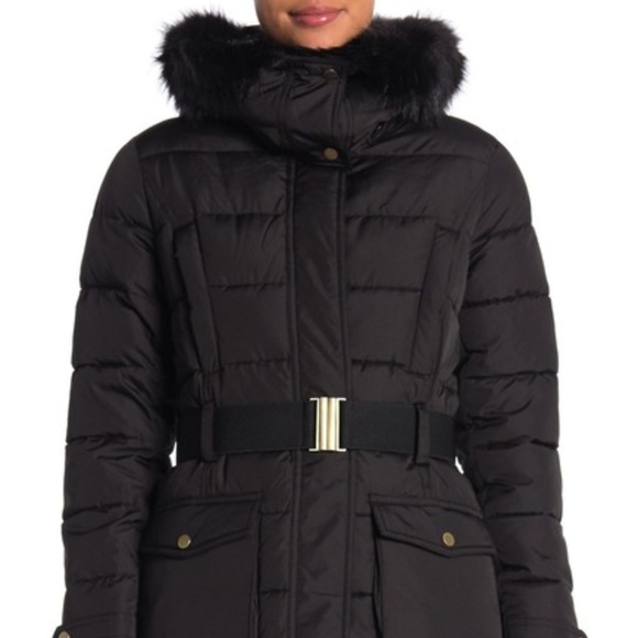 French Connection Faux Fur Belted Hoodie Puffer - Picture 3 of 6